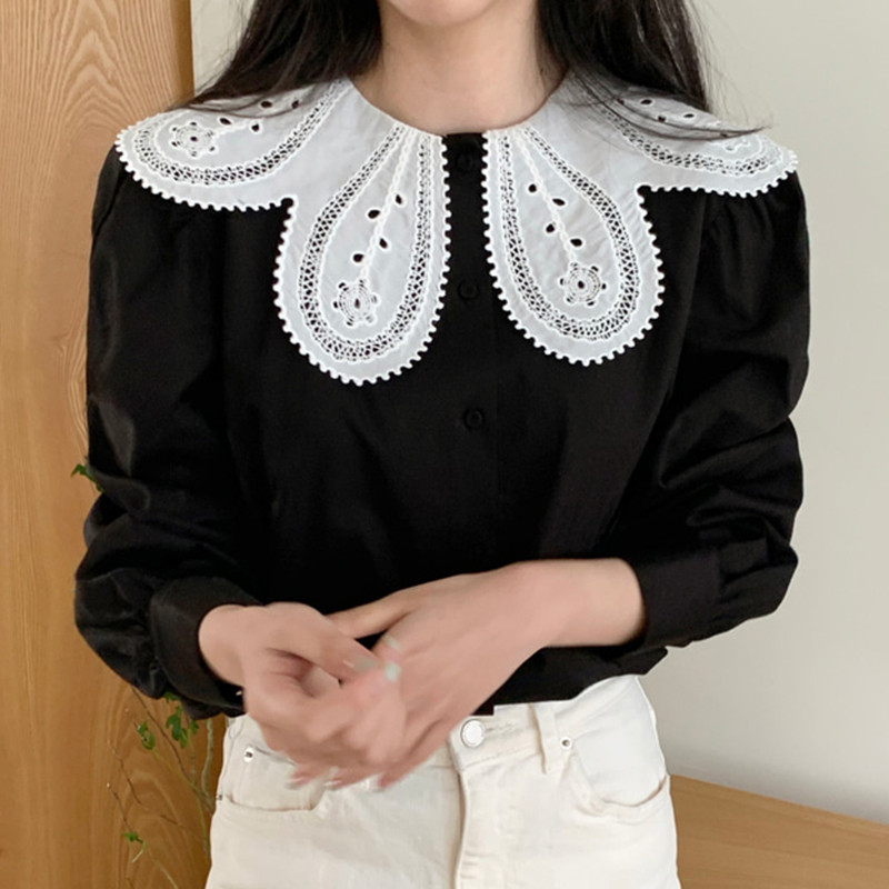 Nomikuma Korean Hook Hollow-out Peter Pan Collar Blouse Causal Puff Long Sleeve Women Shirt Spring Blusas Feminimos 6D873 210427