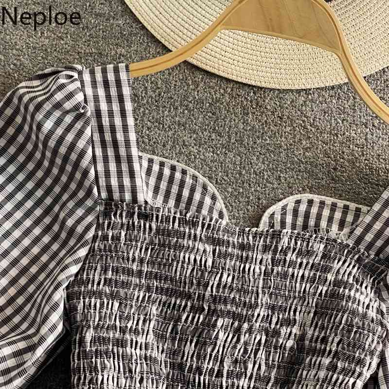 neploe summer shirts sweet chic crop tops square collar puff sleeve plaid blouses korean blouse pleated blusas mujer 210422