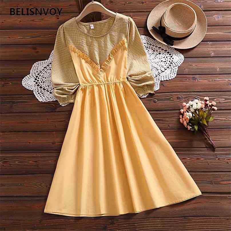 Japanese Preppy Style Autumn Women Dress O-Neck Plaid Cotton Patchwork Ruffles Yellow Long Sleeve Elegant Sweet 210520
Japanese Preppy Style Autumn Women Dress O-Neck Plaid Cotton Patchwork Ruffles Yellow Long Sleeve Elegant Sweet 210520