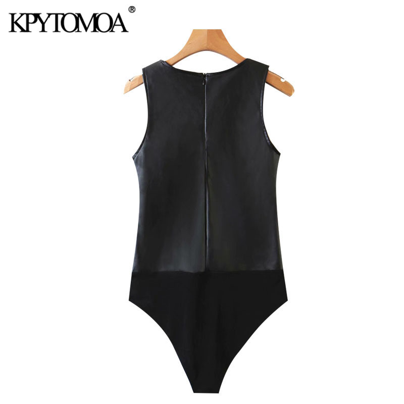 Women Sexy Fashion Faux Leather Patchwork Skinny Bodysuits Vintage V Neck Back Zipper Female Playsuits Mujer 210416