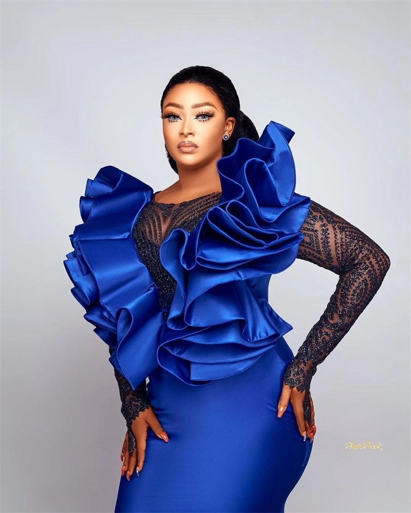 Royal Blue Mermaid Prom Dresses Glitter Sequins Beads Puffy Satin Long Sleeves Plus Size Party Evening Dress Sweep Train Pageant Robe de mariée