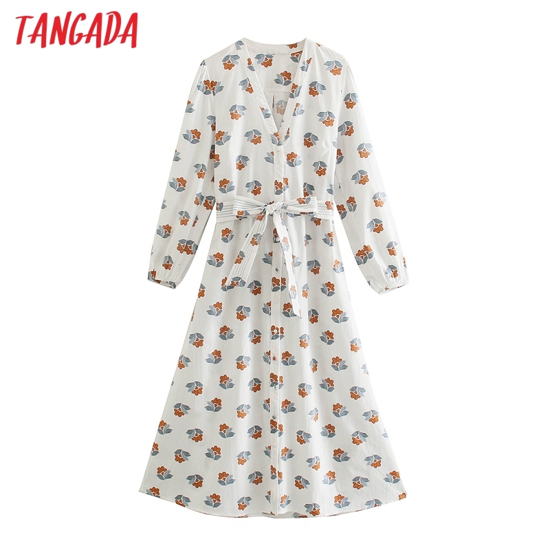Women Chic Floral Print Shirt Dress with Belt Vintage Long Sleeve Female Midi Dresses BE465 210416