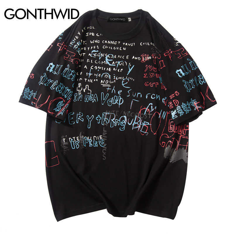 GONTHWID Graffiti Print Casual T Shirts Tee Tops Summer Men Hip Hop Short Sleeve Streetwear Fashion Harajuku Casual Male Tshirts 210707