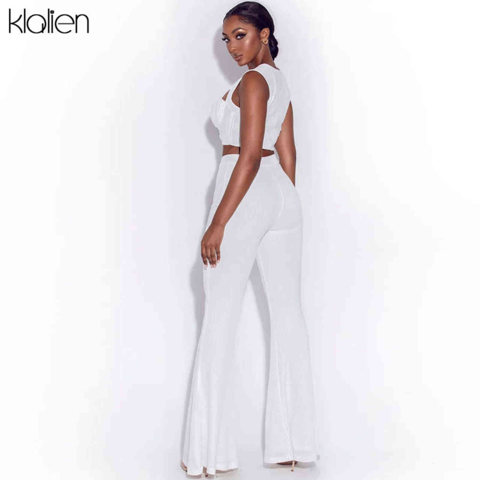 KLALIEN Fashion Elegant Office Lady Camisole and Flared Trousers Two Piece Set Women Casual Street Loose Stretch Solid Outfit 211105