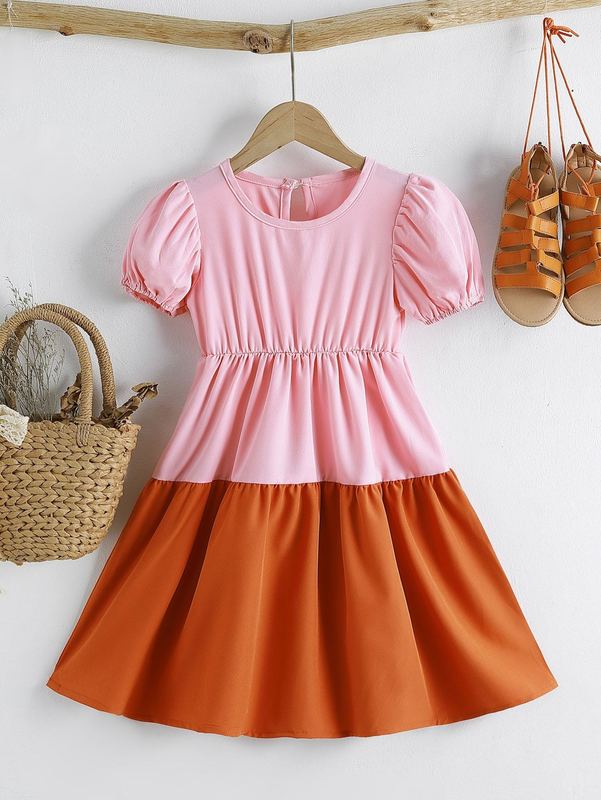 Toddler Girls Two Tone Puff Sleeve A-line Dress SHE