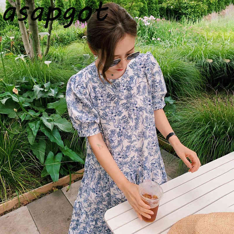 Korean Chic Summer Retro Sketch Print Dress Casual Round Neck Loose Bubble Short Sleeve Women Rufles Hand Painted 210429