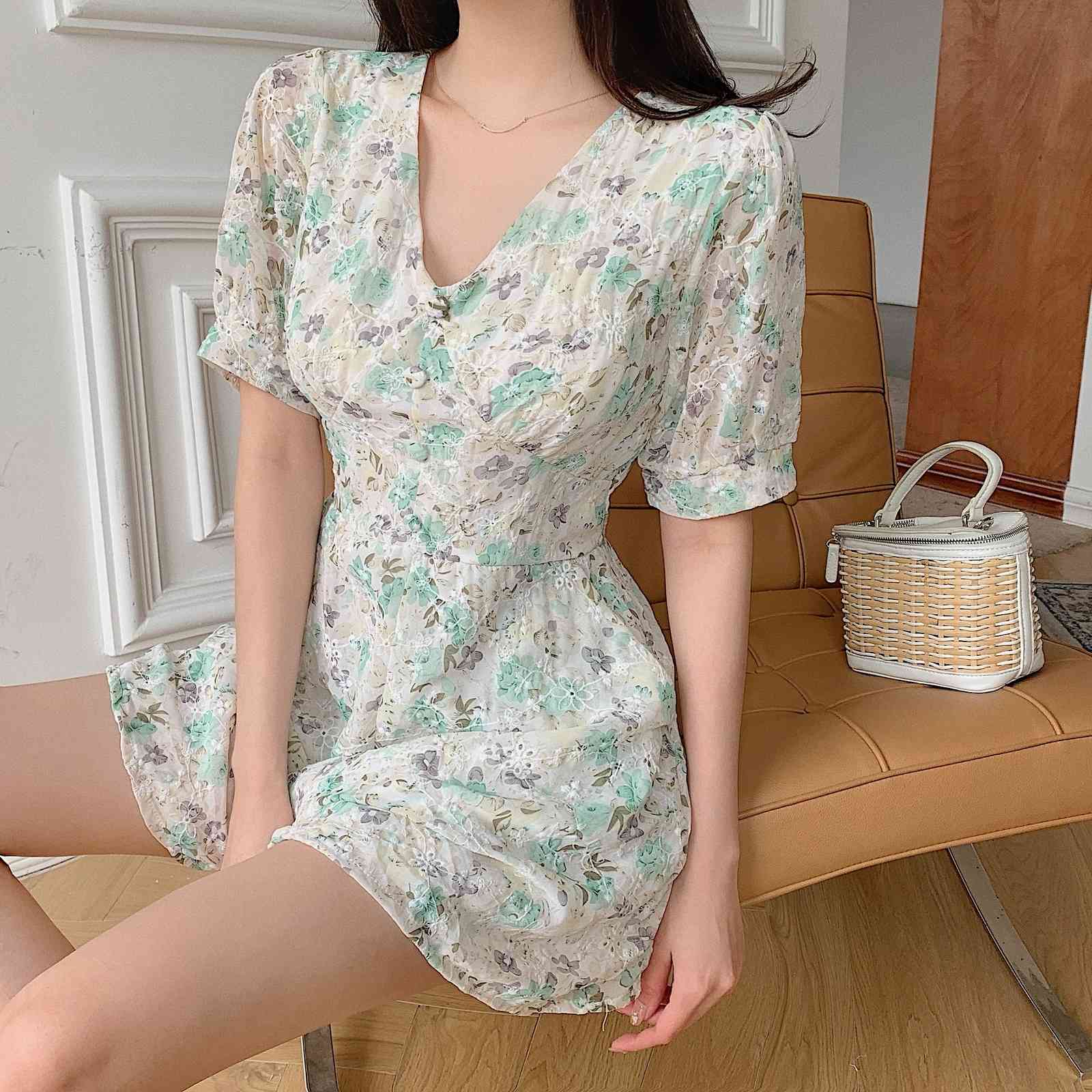 Elegant Flower Print Slim Jumpsuit Women High Waist Wide Leg Bodysuit V-Neck Short Sleeve Playsuit Summer 210519
