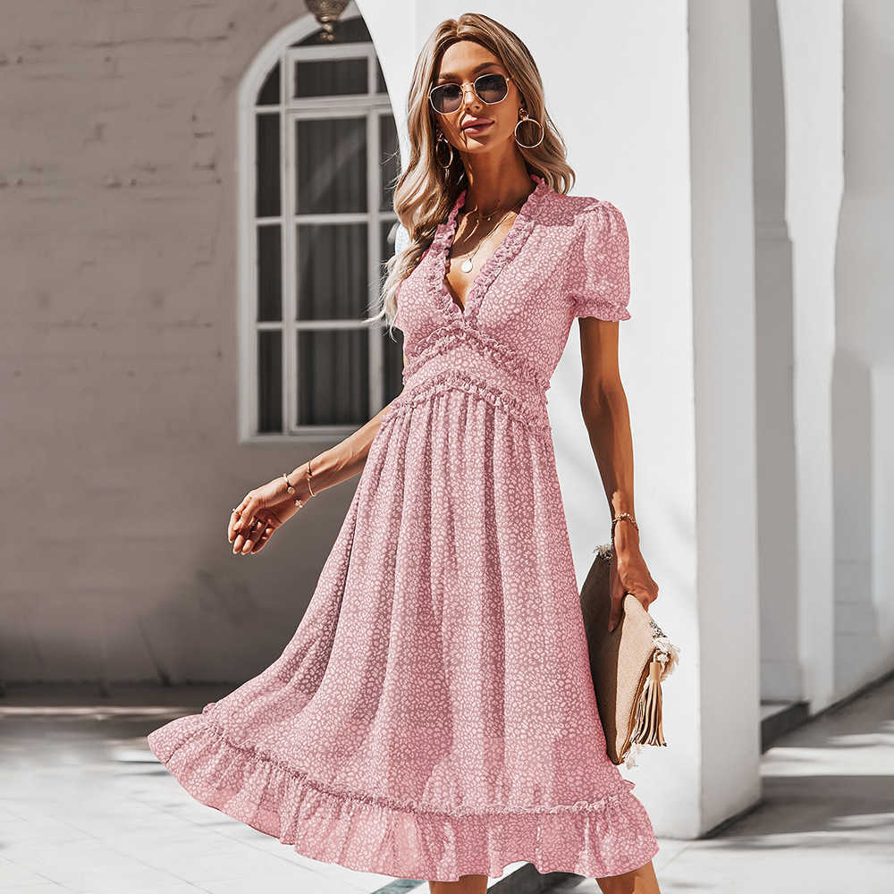 Women Chiffon Long Dress Floral Printed Short Sleeve A-line Maxi Vestidos Summer Elegant Vintage V Neck Ruffle Beach Dresses 210526