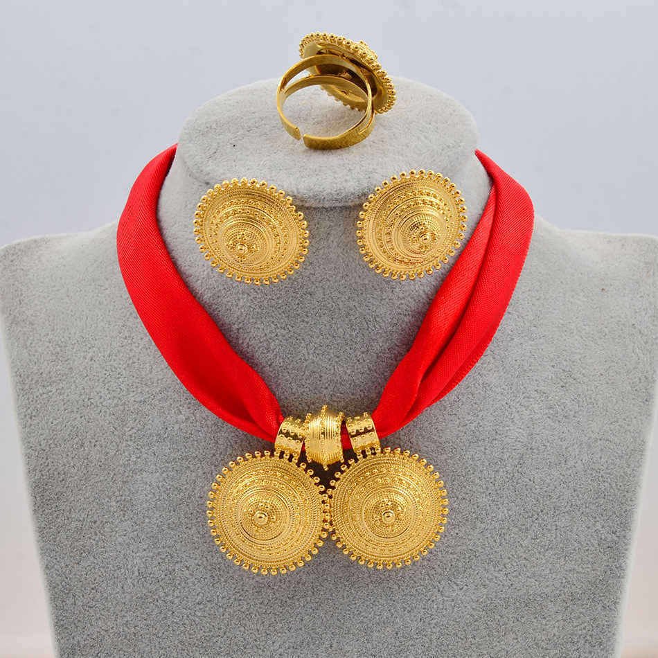 Anniyo DIY Rope Chain Ethiopian Jewelry Set Gold Color Eritrea Ethnic Style Habesha Pendant Earrings Ring #217106 211015