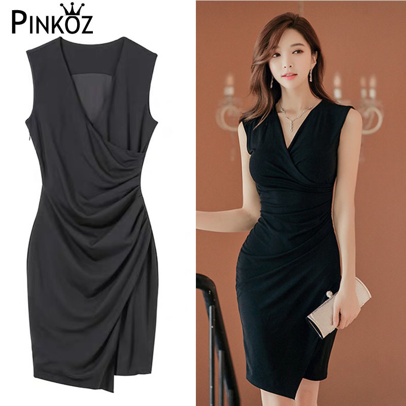 OL Midi Dress Black Sexy Party Club Sheath V-neck Solid Color Bodycon Flap Sleeveless 210421
