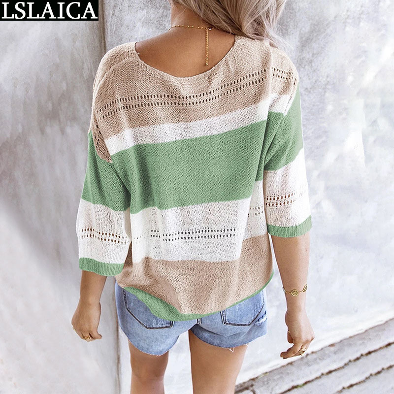 Autumn Sweater Hollow Out Knitted Tops Pullover Women Casual Patchwork Striped Color Matching Fashion Roupas Feminina 210520