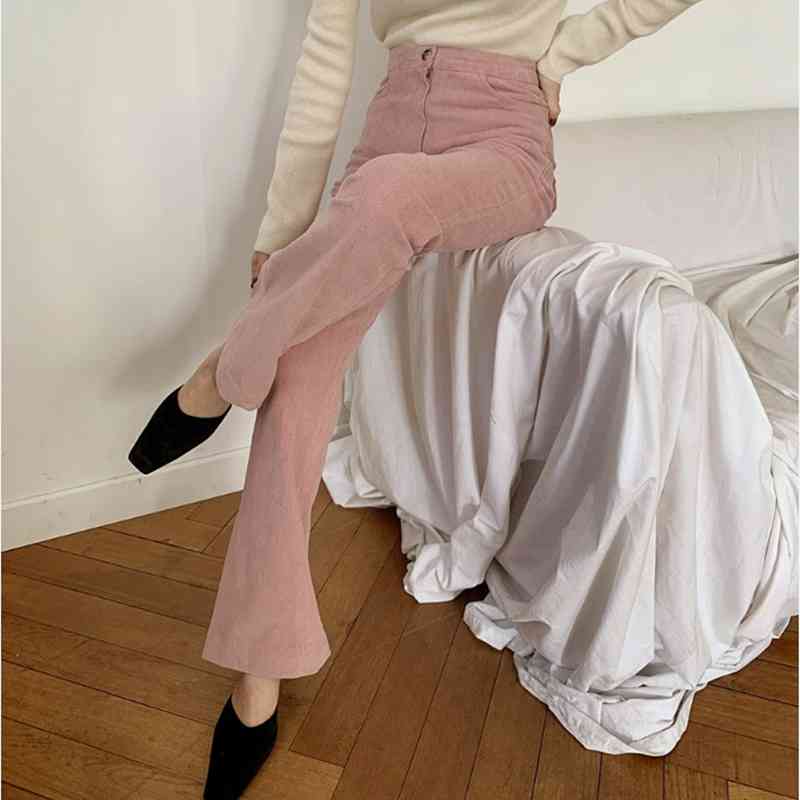 Spring Autumn Elegant High Waist Flare Pants Women Bottoms OL Work Wear Corduroy Solid Loose Trousers 210421