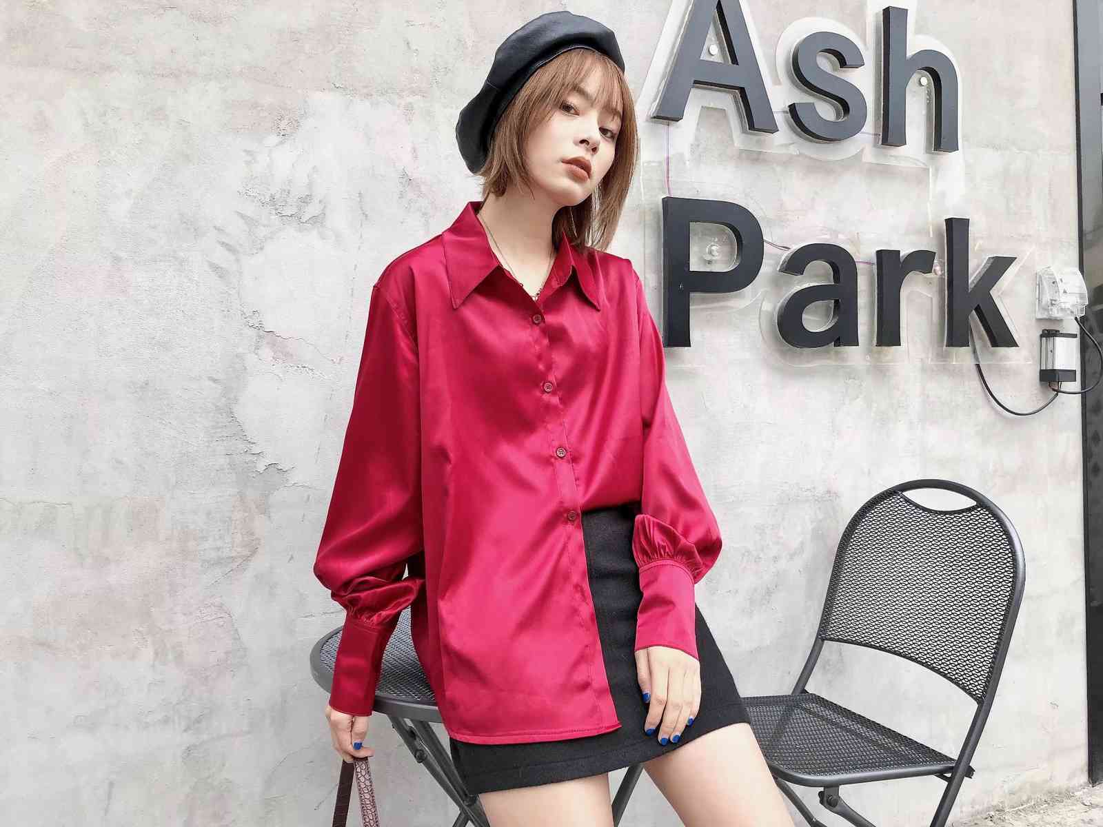 Bright Wine Red Long sleeve Satin Shirt Like Silk Casual Women Lapel Hem Irregular Elegant Blouse Loose Tops Korean Clothes 210429