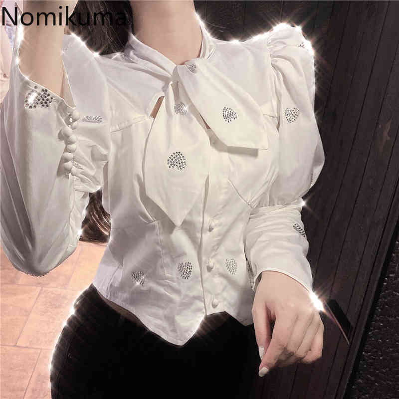 Nomikuma Women Blouse Autumn Winter Diamonds Tie Top Shirts Korean Causal Puff Sleeve Short Tops Femme Blusas Mujer 6D698 210427