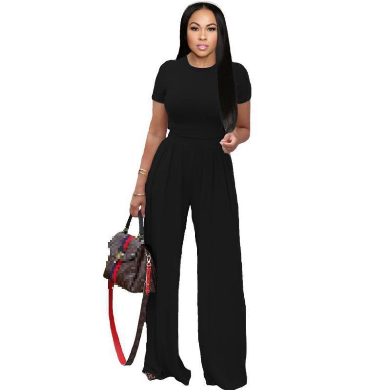 Women Sets Short Sleeve T Shirt High Waist Wide Leg Pants Two Piece Plus Size Suit Fashion 210524