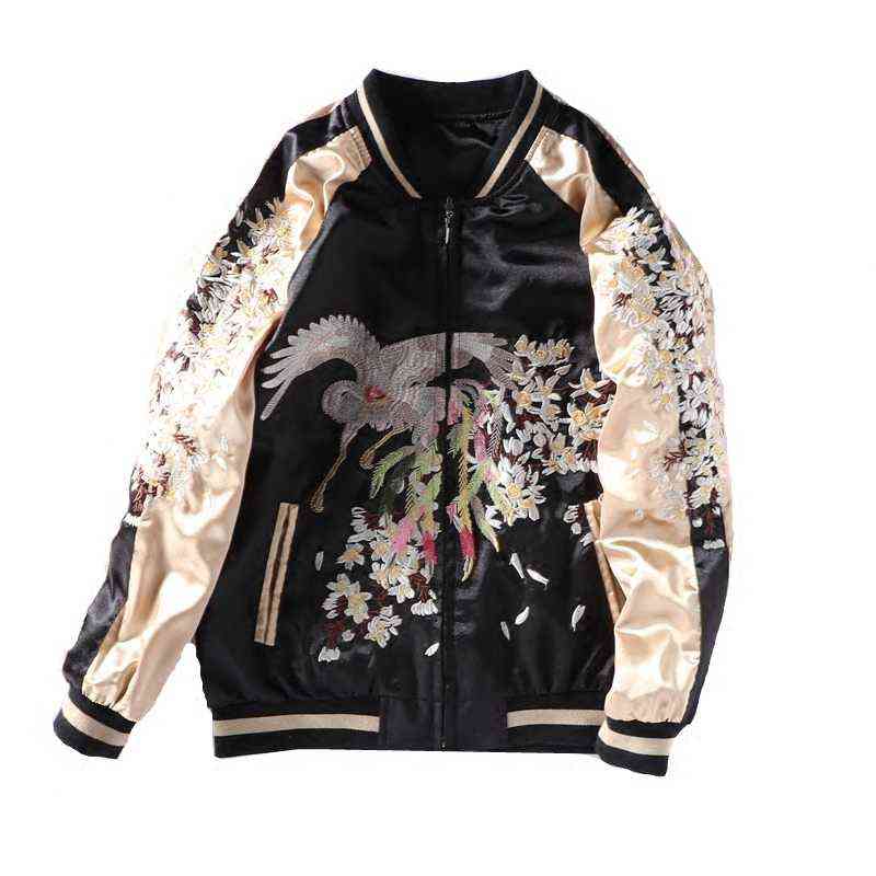 Sukajan Baseball Bomber Jacket Men Women Satin Dragon Phoenix Embroidery Yokosuka Coat Spring Japan Double Sided Streetwear 220124