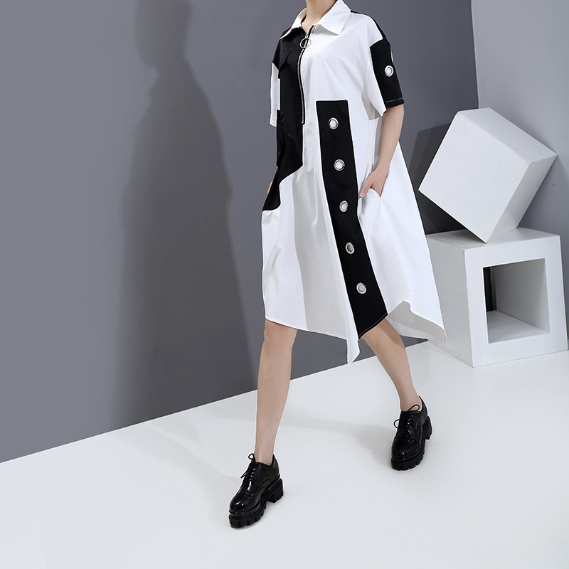 New Unique Style Women Summer Tide Shirt Dress Zipper & Pocket Patchwork Plus Size Lady Loose Fit Midi Casual Dresses 6255 210409