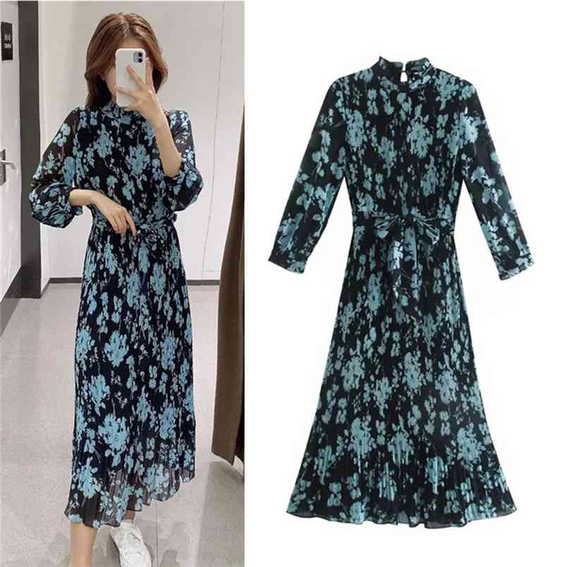 Blue Pleated Print Midi Dress Women High Neck Long Puff Sleeve Ruffle Woman Fashion Tied Belt Laddies es 210519
Blue Pleated Print Midi Dress Women High Neck Long Puff Sleeve Ruffle Woman Fashion Tied Belt Laddies es 210519