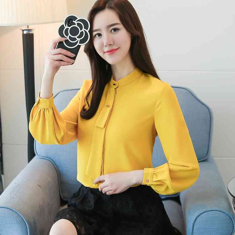 fashion autumn women blouse Korean style collar snow chiffon office lady long puff sleeve blusa 0902 40 210506