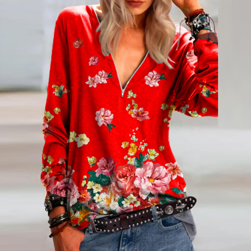 Women T-shirts Sweatshirts Spring Vintage Long Sleeve Shirt Woman Floral Print V Neck Pullover Ladies Casual Shirts Female Tops 210515