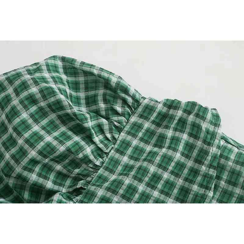 vintage green v neck women short blouses summer fashion lantern sleeve ladies shirts casual plaid female blouse 210430