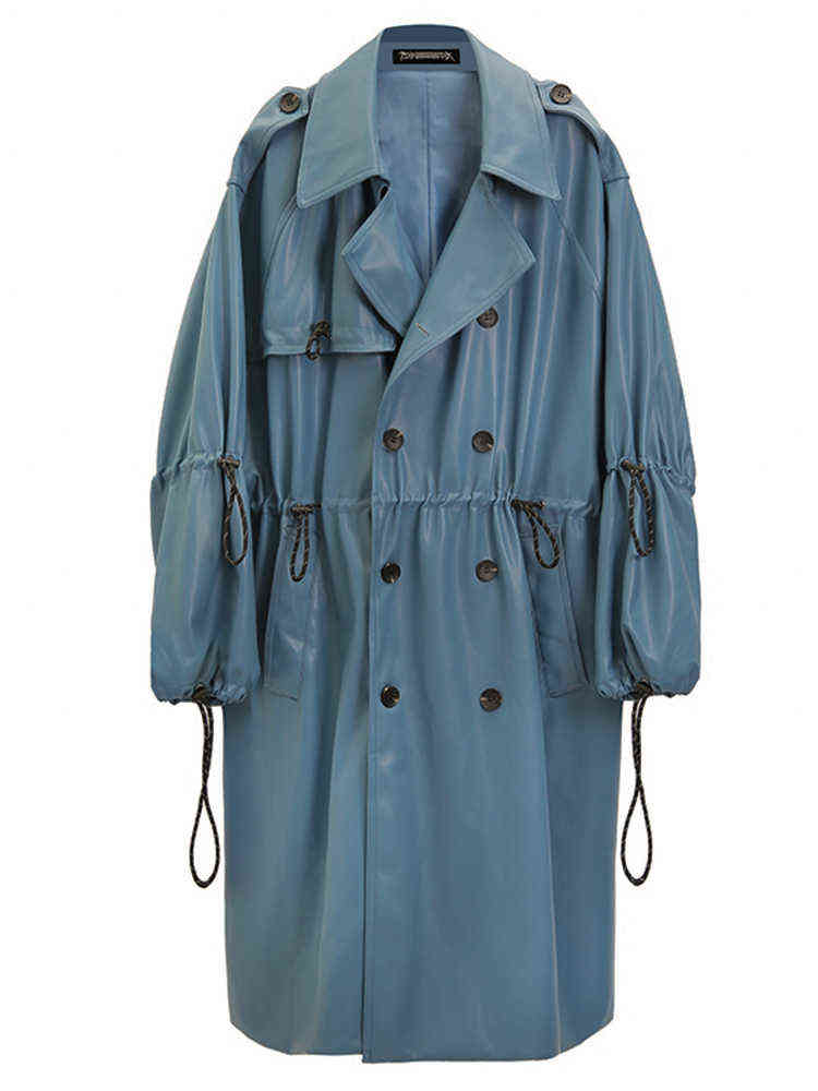 Nerazzurri Autumn Oversized blue long leather trench coat women raglan sleeve drawstring Loose casual waterproof raincoat 211130