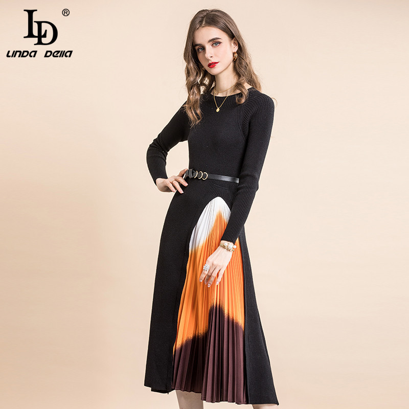 Spring Autum Fashion Runway Vintage elastic Knitted Dress Women Long Sleeve Patchwork Pleated Elegant Midi 210522