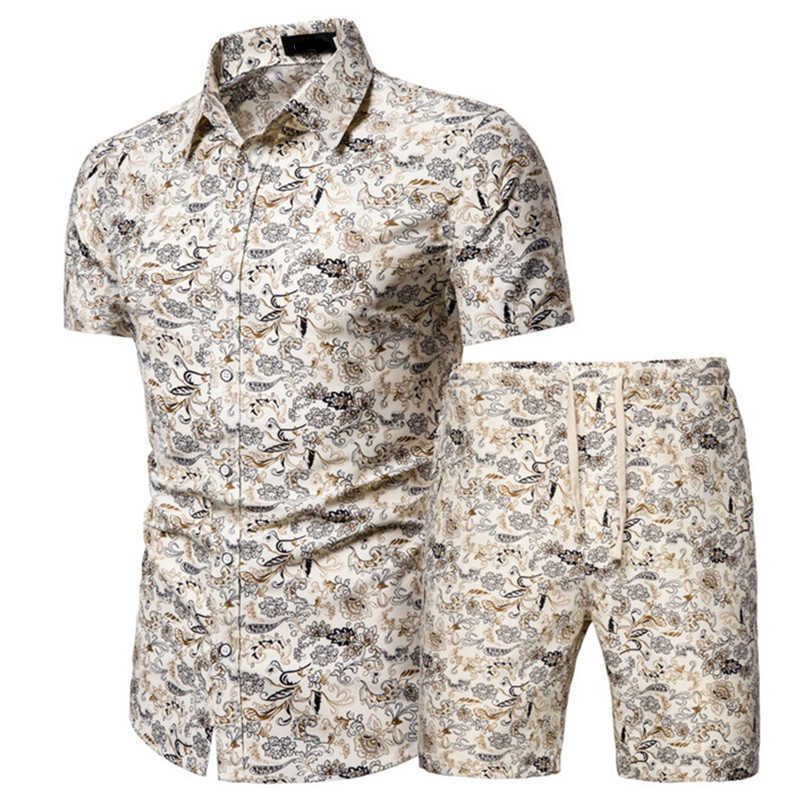 Mens Summer Set Casual Hawaiian Floral Print Shirt Set Men Beach Shorts 2 Piece Suit Breathable Fashion Male Clothing 210603