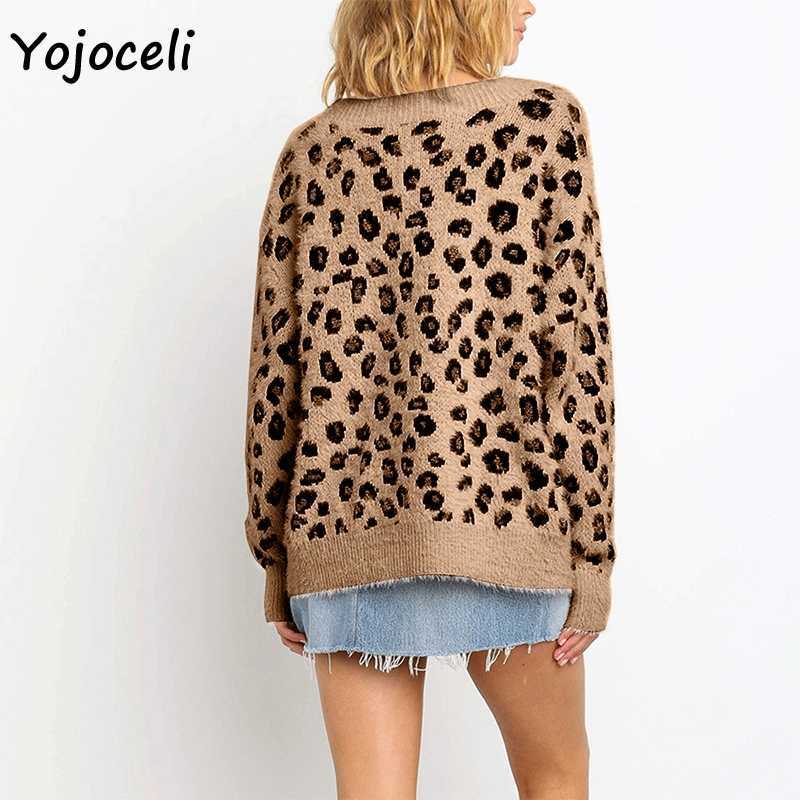 Yojoceli sexy leopard knitted cardigan coat v neck streetwear sweater 210609