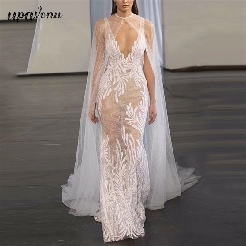 Free Women Maxi Dress Sexy V-neck Shawl Embroidered Long Bodycon Elegant Club Runway Party Vestido 210524