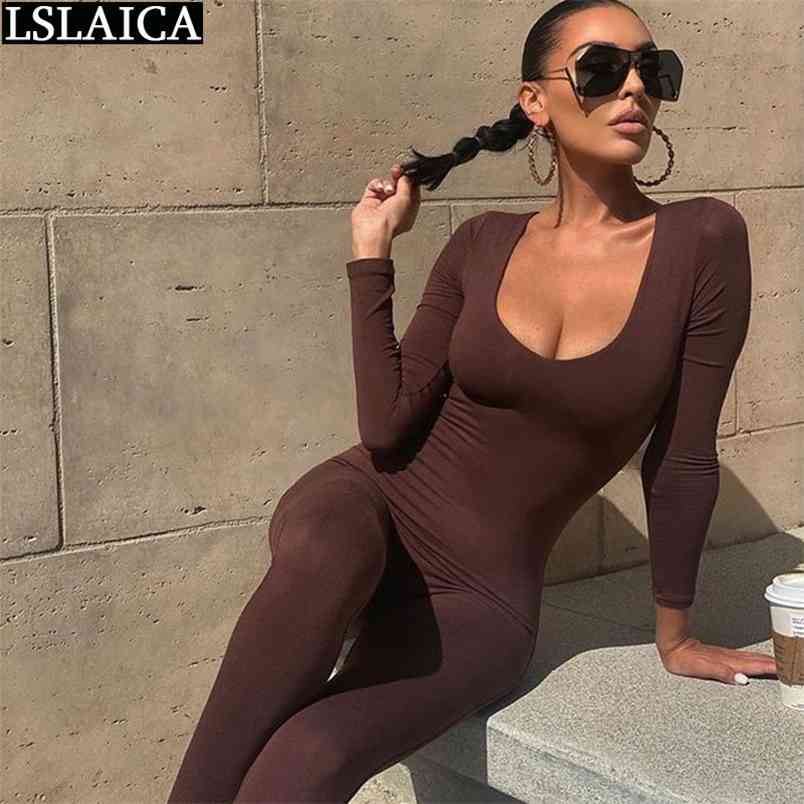 Fashion Workout Bodysuit Backless Jumpsuits for Women Long Sleeve Knitted Fitness Skinny Body Suits Romper 210515