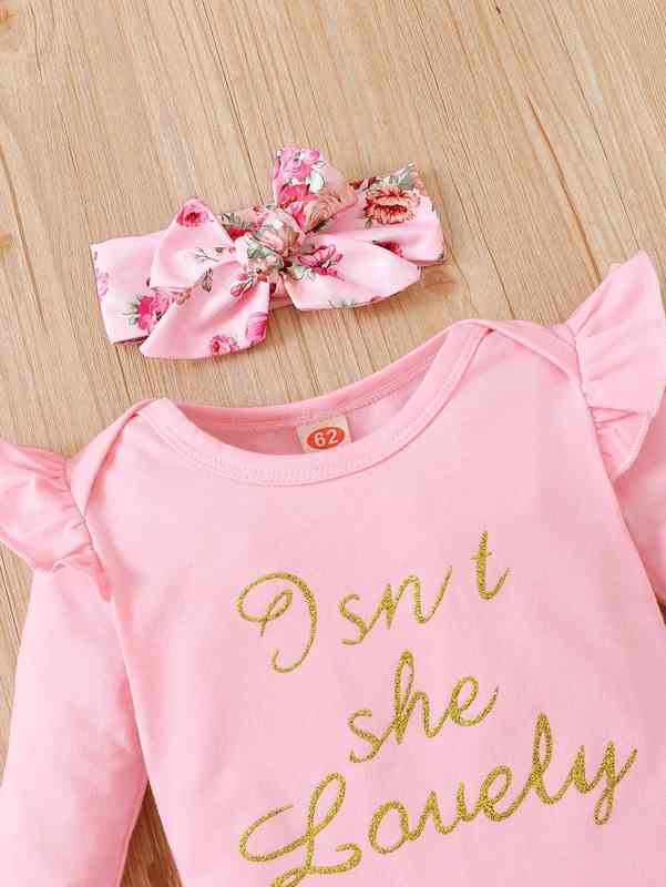 Baby Slogan Graphic Ruffle Trim Bodysuit & Floral Print Pants & Headband SHE