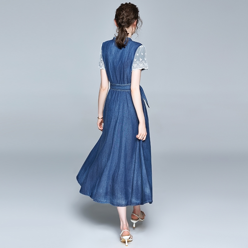 Women Long Denim Summer Dress Fashion Lace up Blue es Short Sleeve Patchwork Big Swing Female Vestidos 210520