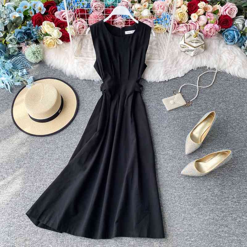 LY VAREY LIN Summer Solid Sleeveless High Waist Dress Sexy A-line O Neck Mid-Calf Women Party 210526