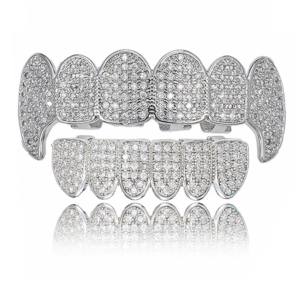 Gold Shiny ICED OUT Teeth Grillz Rhinestone Top&Bottom Grills Set Hip Hop Jewelry