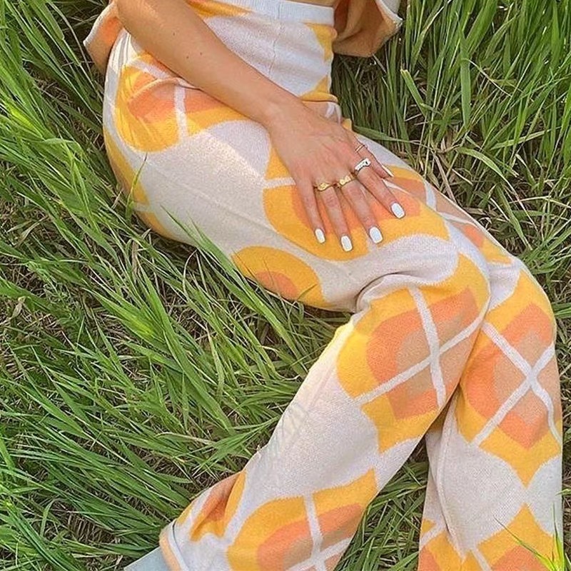 Vintage French Geometric Plaid Knitting Flare Pants High Waist Package Hips Amber Pattern Long Trousers 210429