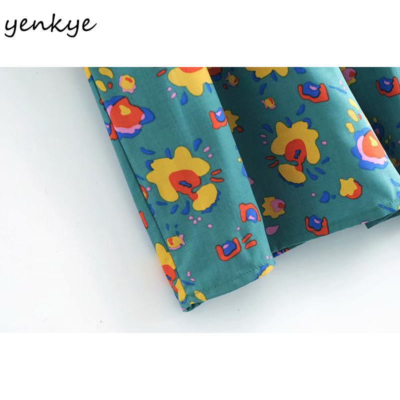 YENKYE Holiday Summer Dress Women Sexy Square Neck Short Sleeve Elastic Waist A-line Casual Dress Vintage Green Print Robe 210515