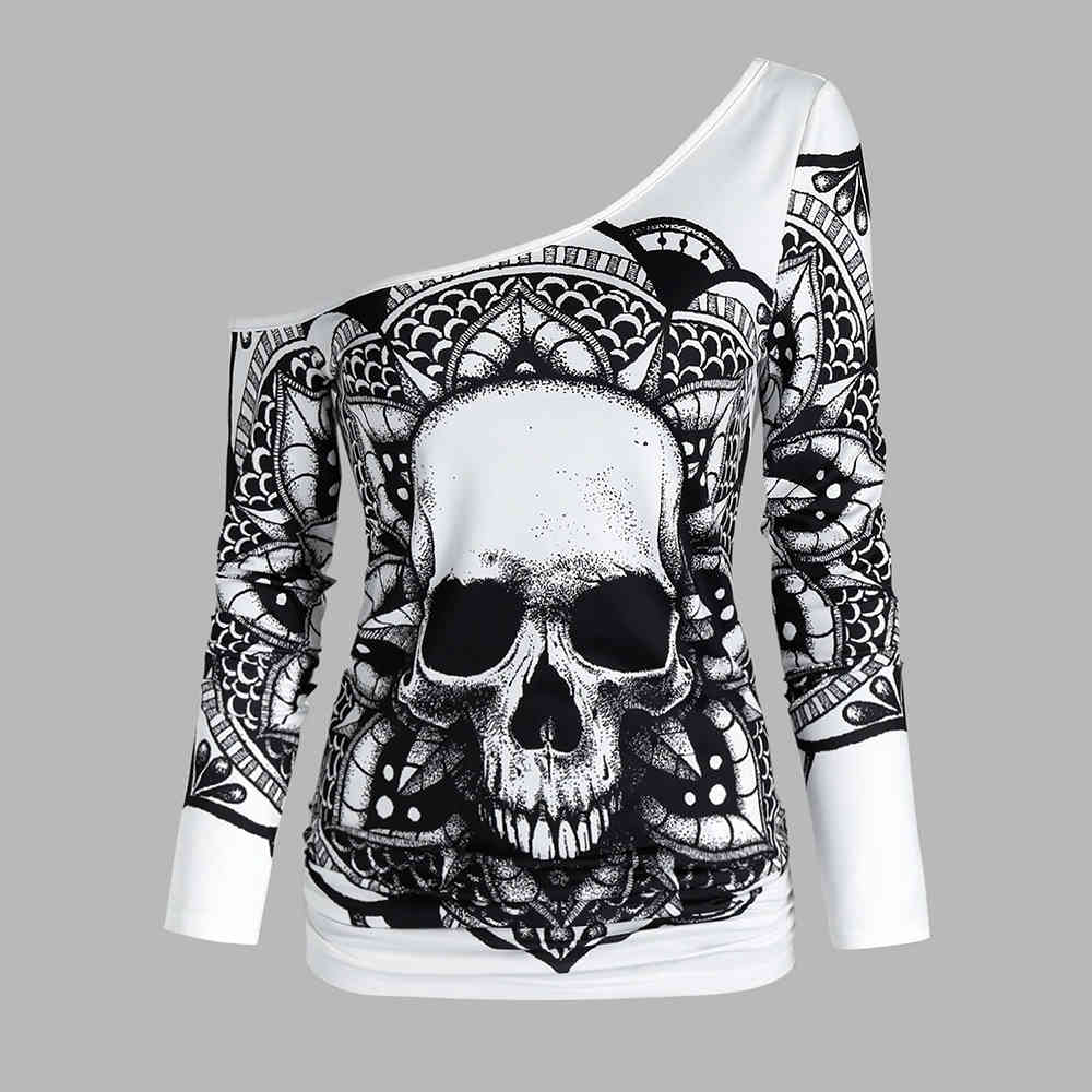 Gothic Casual Women T Shirts Skull Graphic Off Shoulder Two Piece Tee Sets Long Sleeve Spring Fashion Tops Female Clothes D30 210406