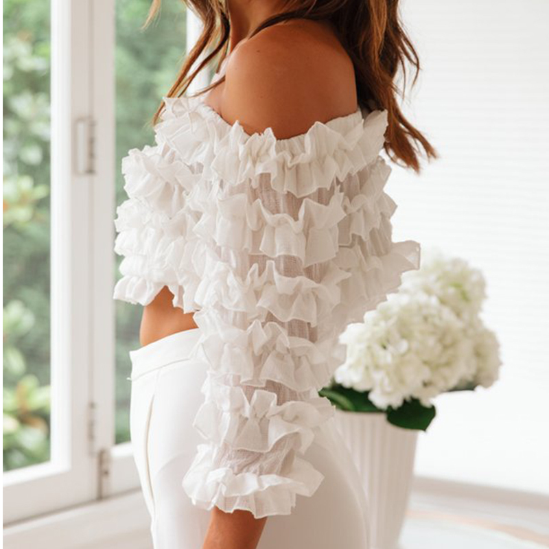 summer autumn ruffle half sleeve blouse shirts women white off shoulder tops crop top 210427