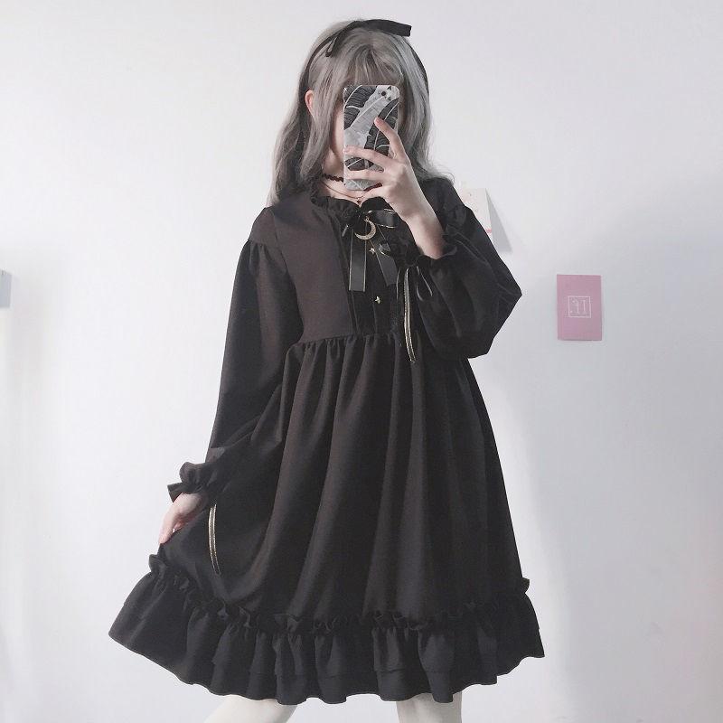 Casual Dresses QWEEK Dark Academia Style Gothic Dress Japanese Harajuku Ruffle Black Vintage Party Long Sleeve Cosplay Clothes Women