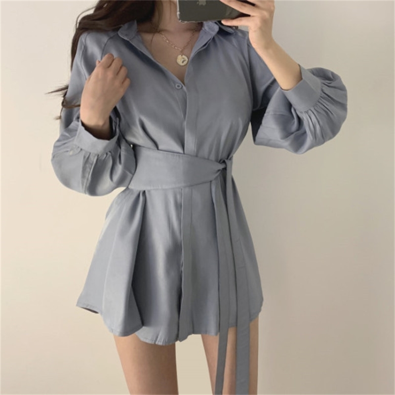 Spring Women Two Pieces Sets Causal Long Sleeve Sashes Slim Waist Blouse Shirt + Wide Leg Short 2PCS Suit 210506