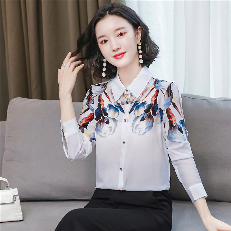 Vintage Print Blouse Women Shirts Silk Office Lady Long Sleeve Shirt Spring and Autumn Elegant Blusas Chemisier Femme 10720 210506