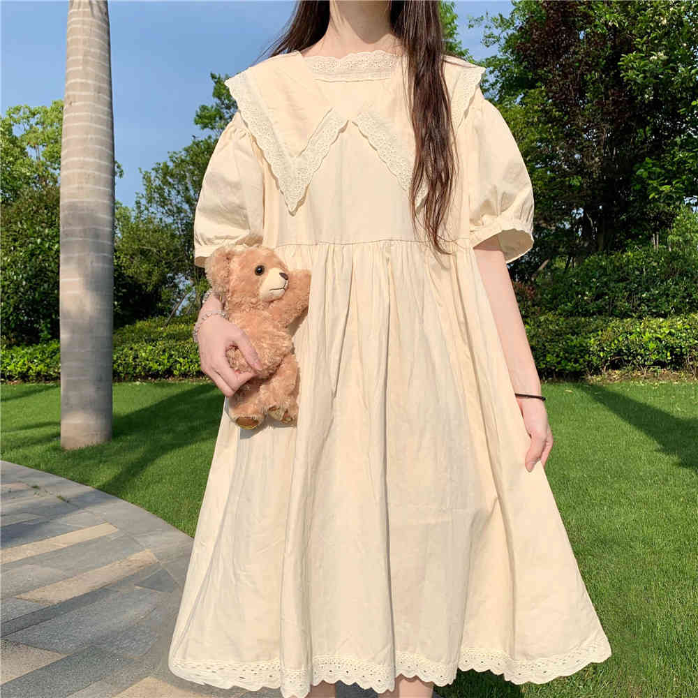 Japanese Sweet Cute Big Lapel Dress Summer Fashion Lace Patchwork White Casual Kawaii Party Dresses 210519