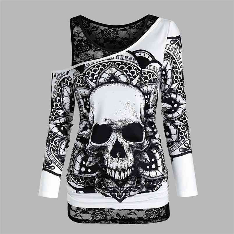 Gothic Casual Women T Shirts Skull Graphic Off Shoulder Two Piece Tee Sets Long Sleeve Spring Fashion Tops Female Clothes D30 210406