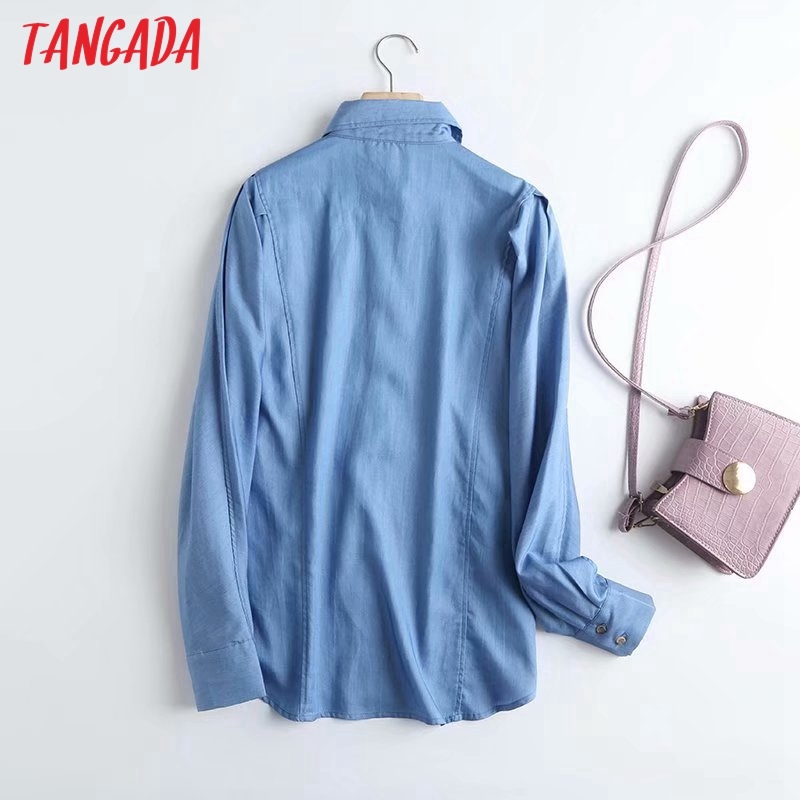 Women Elegant Thin Denim Puff Long Sleeve Chic Female Casual Loose Shirt Tops 4C65 210416