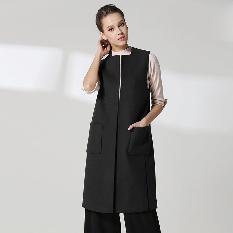 Plus Size Sleeveless Vest Cardigan Autumn Thin Woolen Women O Neck Pocket Hem Split Long Waistcoat Ladies Black Coats 210522
