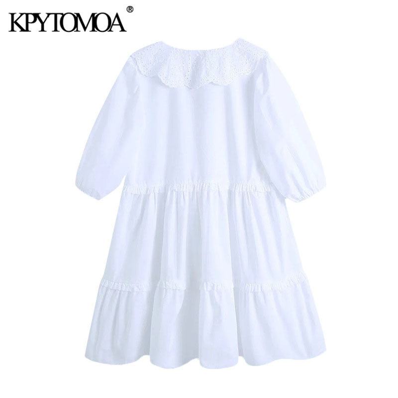 Women Sweet Fashion Cutwork Embroidery White Mini Dress Short Sleeve Ruffled Female Dresses Vestidos Mujer 210420