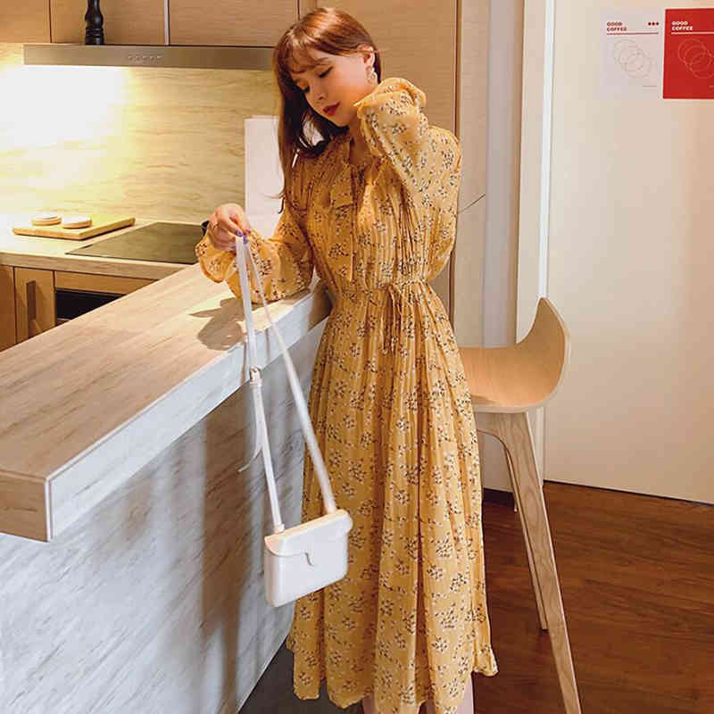 Spring Summer Women Chiffon Dresses Casual Long Sleeve Floral Print Party Dress Female Vintage Loose Pleated Dress Vestidos 210521