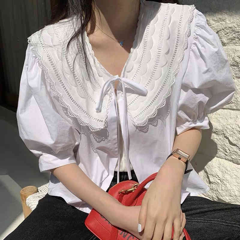 Korean Sweet Blusas Peter Pan Collar Summer Lace Up Short Women Blouses Puff Sleeve Retro Ropa Mujer 210415