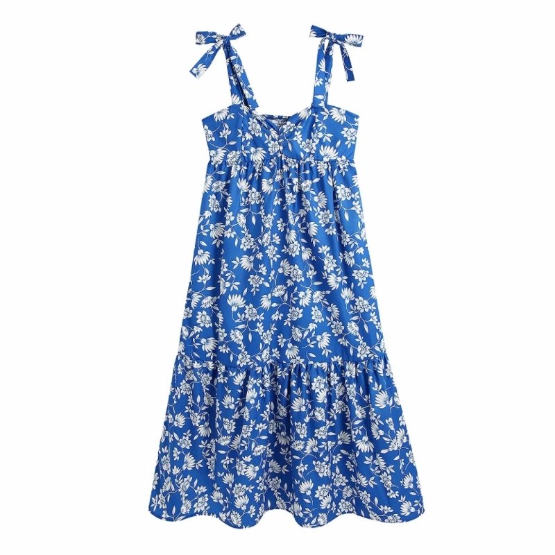 Summer Women Floral Printing Lace Up Suspender Midi Dress Female Sleeveless Clothes Casual Lady Loose Vestido D7696 210430